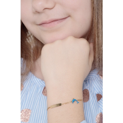 Pulsera infantil en oro amarillo 18k con placa y delfín