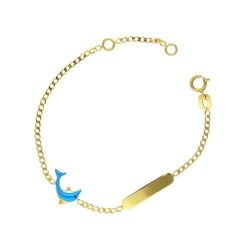 Pulsera infantil en oro amarillo 18k con placa y delfín