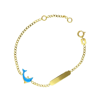 Pulsera infantil en oro amarillo 18k con placa y delfín