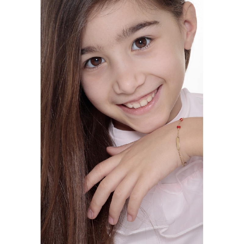 Pulsera Infantil en Oro Amarillo 18k con Placa y Corazones 