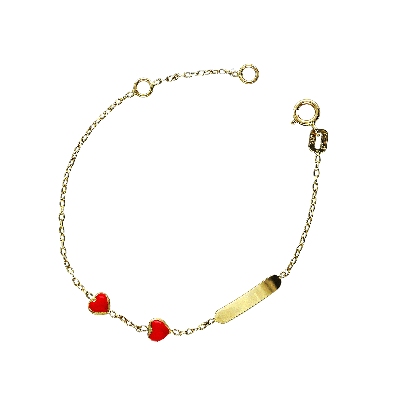 Pulsera Infantil en Oro Amarillo 18k con Placa y Corazones 