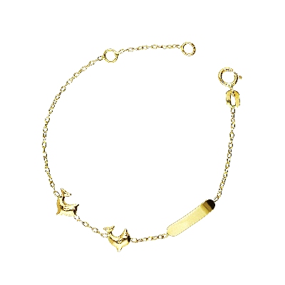 Pulsera para niña en oro 18 quilates con placa y delfines