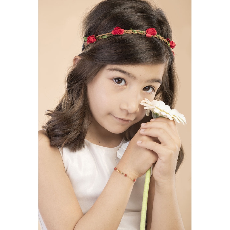 Pulsera de bebé en oro 18 quilates con seis coralitos y placa