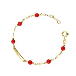 Pulsera de bebé en oro 18 quilates con seis coralitos y placa