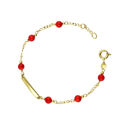 Pulsera de bebé en oro 18 quilates con seis coralitos y placa