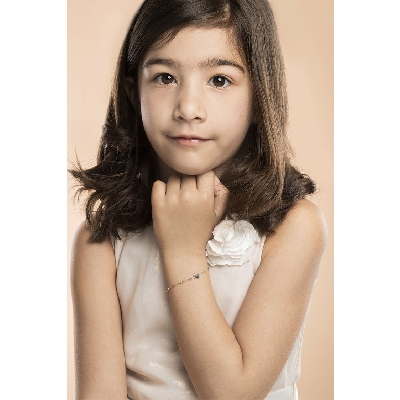 Pulsera oro amarillo y blanco 18k con motivo floral y bolas pulidas