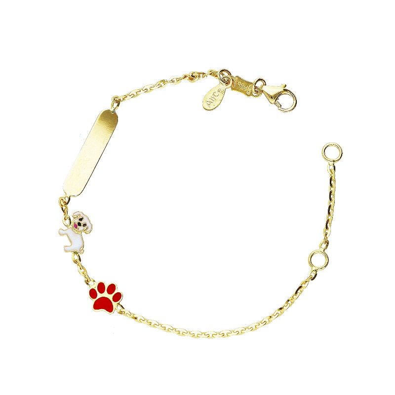 Pulsera en oro amarillo 18k con bulldog francés, pata y placa grabable