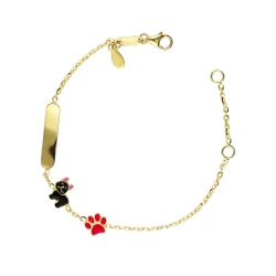 Pulsera en oro amarillo 18k con bulldog francés, pata rosa y placa grabable