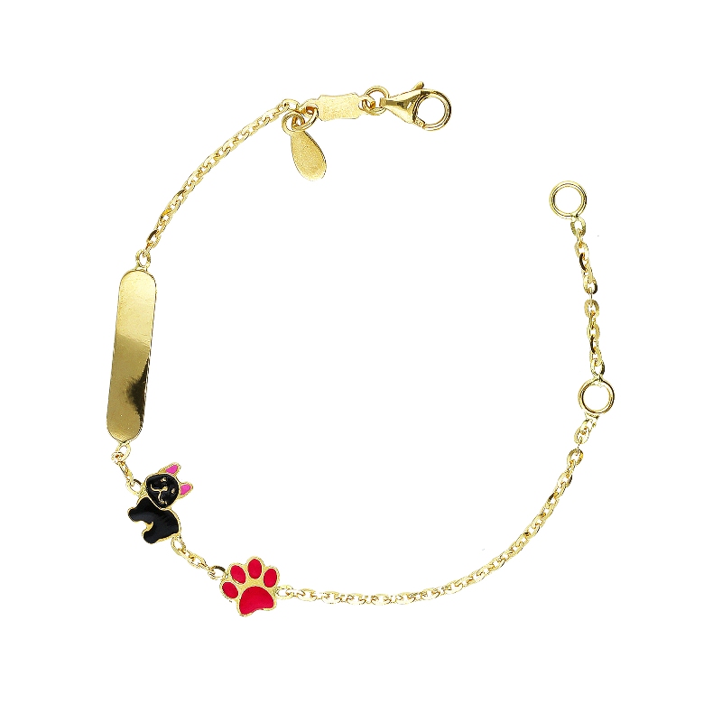 Pulsera en oro amarillo 18k con bulldog francés, pata rosa y placa grabable