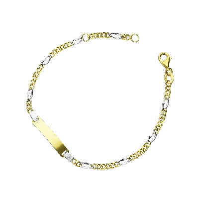 Pulsera en oro blanco y amarillo 18k con placa grabable, 16 cm