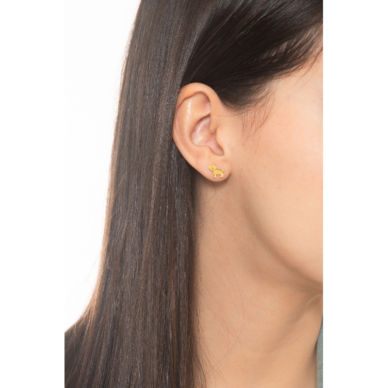 Pendientes en oro amarillo 18k con perrito amarillo y pata roja