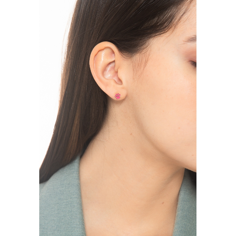 Pendientes en oro amarillo 18k con bulldog francés y pata rosa