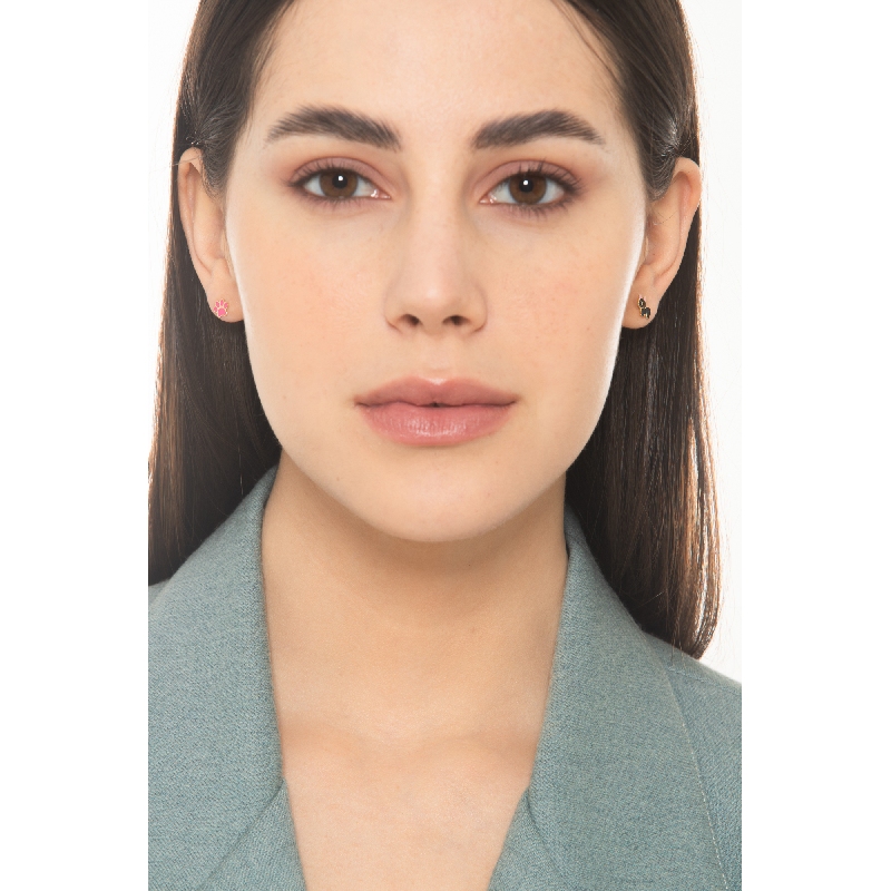 Pendientes en oro amarillo 18k con bulldog francés y pata rosa