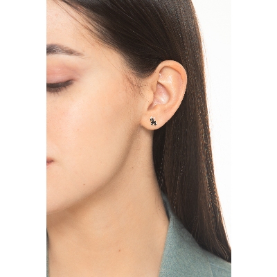 Pendientes en oro amarillo 18k con bulldog francés y pata rosa