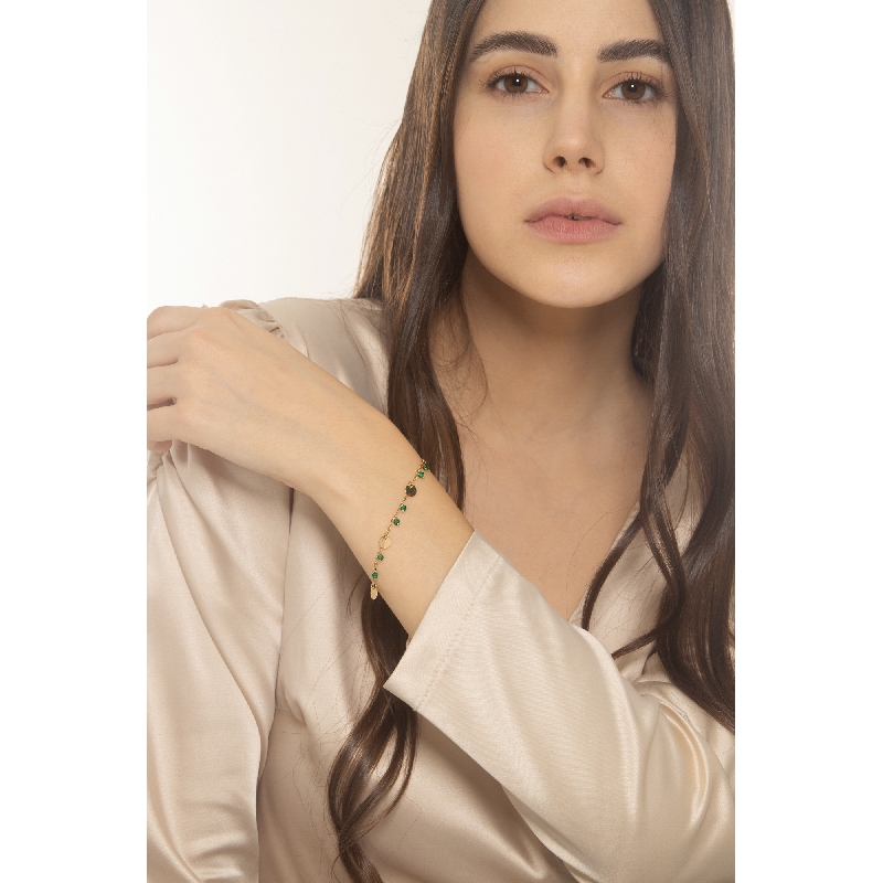 Pulsera oro 18k con colgantes y perlitas verdes
