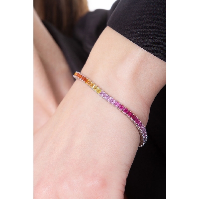 Pulsera tennis de hilo en oro blanco de 18k con zafiros multicolores