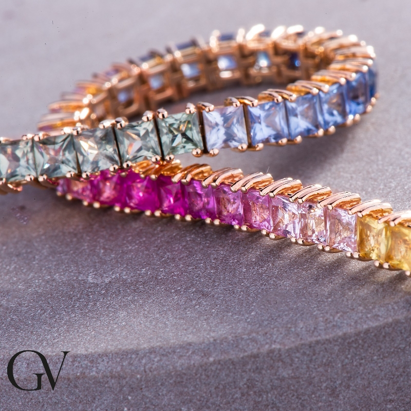 Pulsera tennis en oro rosa de 18k con zafiros multicolor