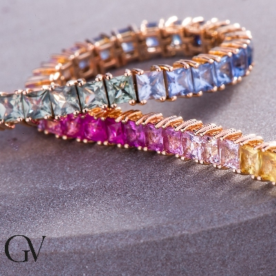 Pulsera tennis en oro rosa de 18k con zafiros multicolor