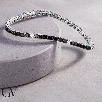 Pulsera Tennis en Oro Blanco 18k con Diamantes Negros y Blancos