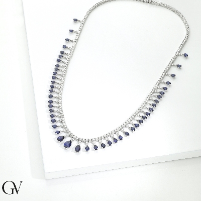 Gargantilla tennis en oro 18k con zafiros azules y diamantes