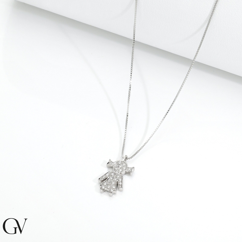 Collar en oro blanco 18k con colgante de niña en diamantes Collar en oro blanco 18k con colgante de niña en diamantes