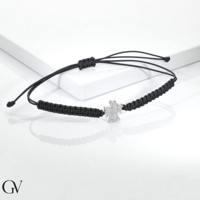 Pulsera con cordón negro y angelito en oro blanco y diamantes