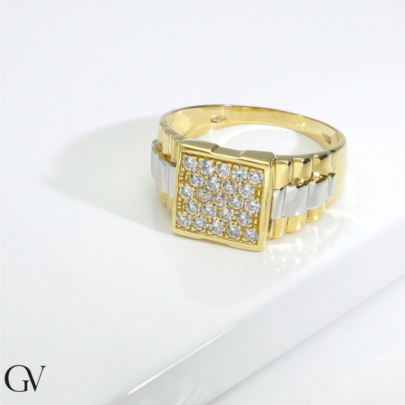 Anillo de Hombre en Oro Blanco y Amarillo 18k con Circonitas Anillo de Hombre en Oro Blanco y Amarillo 18k con Circonitas