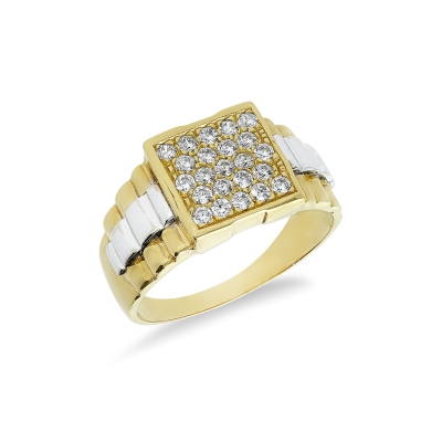 Anillo de Hombre en Oro Blanco y Amarillo 18k con Circonitas