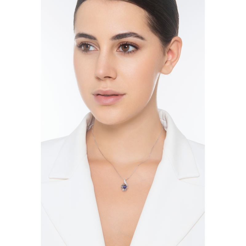 Collar Mujer Zafiro Azul Ovalado y Diamantes Oro Blanco 18k