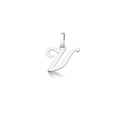 Colgante con la letra V en inicial cursiva en oro blanco de 18k
