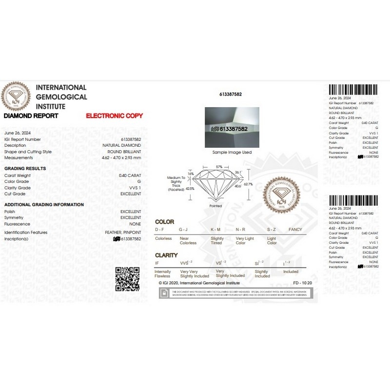 Diamante certificado IGI  CT 0,40   G   VVS 1 Diamante certificado IGI  CT 0,40   G   VVS 1