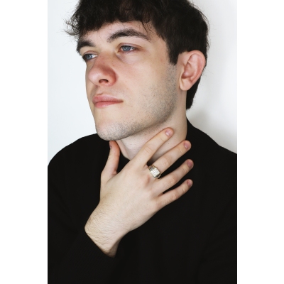 Anillo de Hombre en Oro Blanco y Amarillo 18k con Circonitas