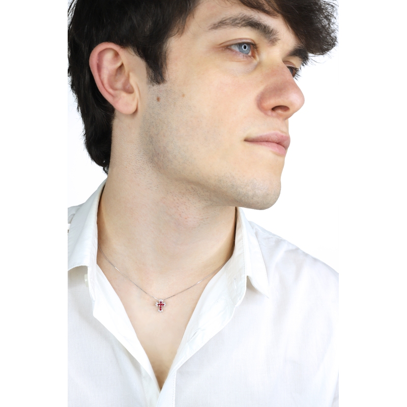 Collar cruz oro blanco de 18k de rubíes y diamantes Collar cruz oro blanco de 18k de rubíes y diamantes