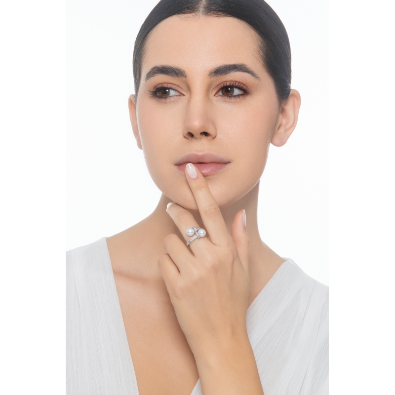 Anillo toi et moi con perlas y diamantes en oro blanco 750 Anillo toi et moi con perlas y diamantes en oro blanco 750