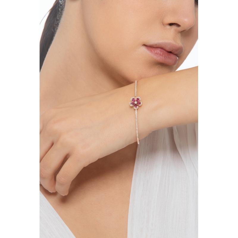 Pulsera flor de oro rosa con rubíes y diamantes Pulsera flor de oro rosa con rubíes y diamantes