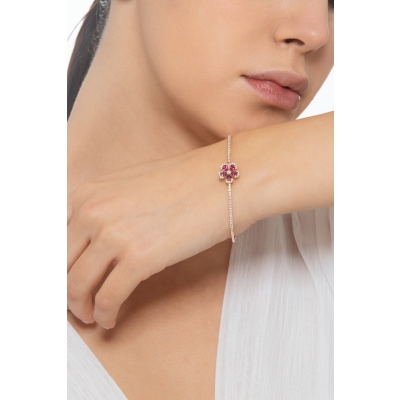 Pulsera flor de oro rosa con rubíes y diamantes