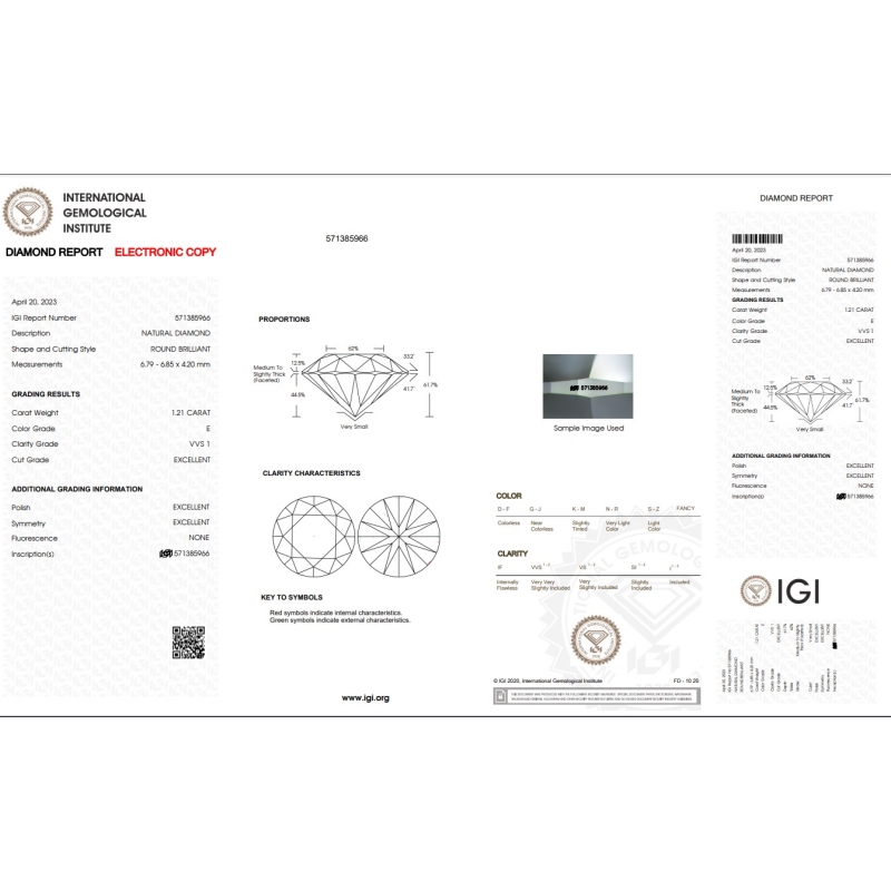 Diamante certificado IGI  CT 1,21   E   VVS 1