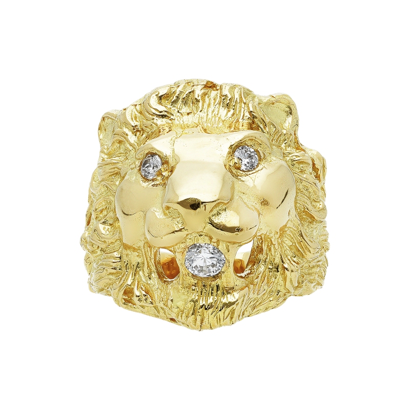 Anillo con león en oro amarillo de 18k con circonitas Anillo con león en oro amarillo de 18k con circonitas