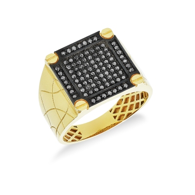 Anillo Hombre en Oro Amarillo 18k con Circonitas Negras
