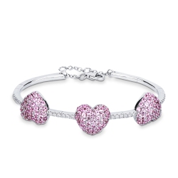 Brazalete en oro blanco 18k con tres corazones en zafiros rosas