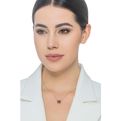 Collar oro amarillo 18k corazón con pavé brunido y rubíes