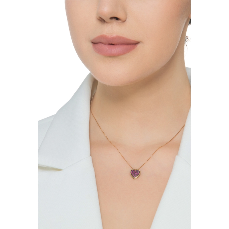 Collar oro amarillo 18k corazón con pavé brunido y rubíes