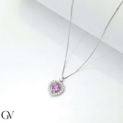 Collar oro blanco corazón con zafiro rosa 