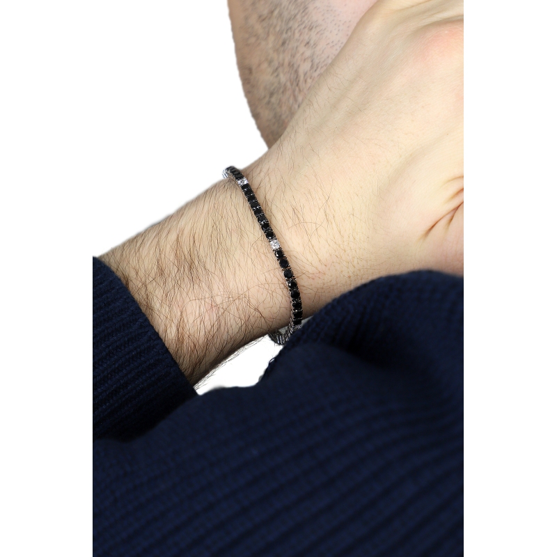 Pulsera Tennis hilo en oro blanco 18k engastada con diamantes negros y diamantes