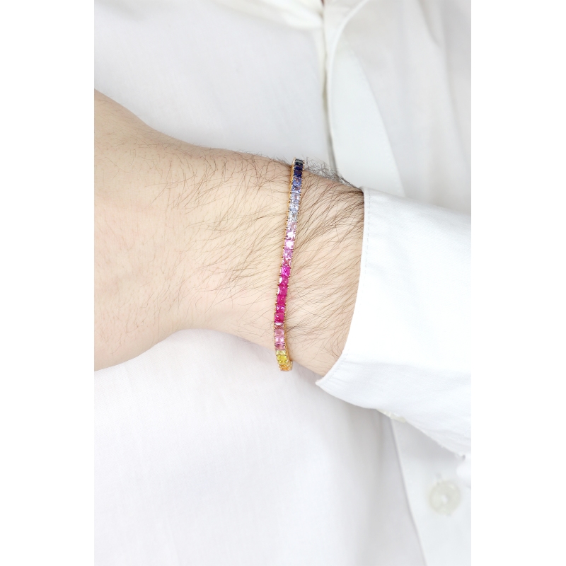 Pulsera tennis de hilo en oro blanco de 18k con zafiros multicolores Pulsera tennis de hilo en oro blanco de 18k con zafiros multicolores