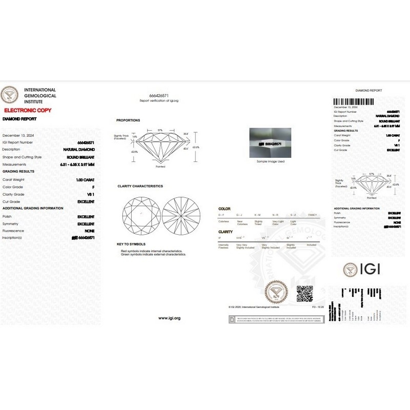 Diamante certificado IGI  CT 1,00   F   VS 1 Diamante certificado IGI  CT 1,00   F   VS 1