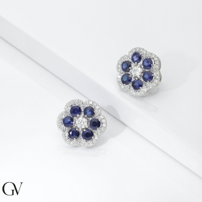 Pendientes oro 18k con flor zafiros azules y diamantes