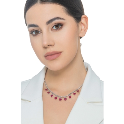 Collar tenis en oro blanco 18k con colgantes de rubí 