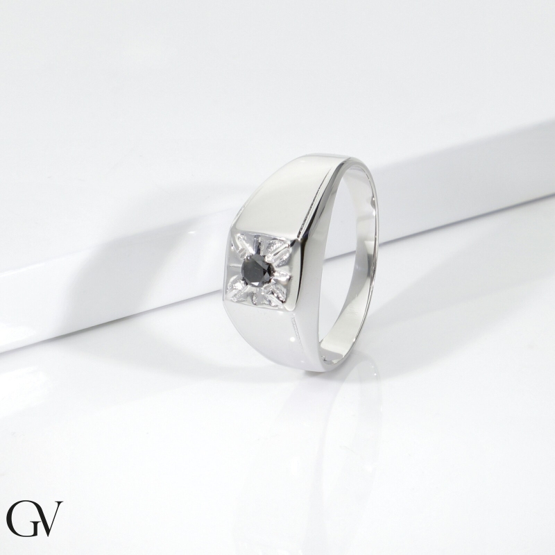 Anillo solitario hombre en oro blanco 18k diamante negro