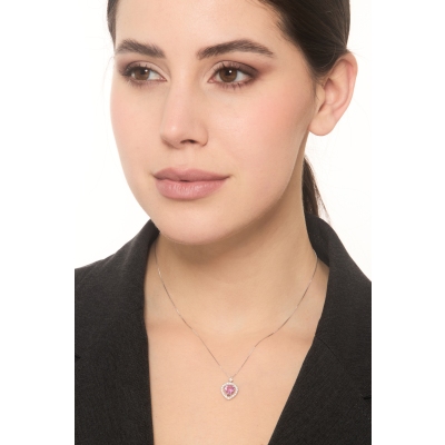 Collar oro blanco corazón con zafiro rosa 